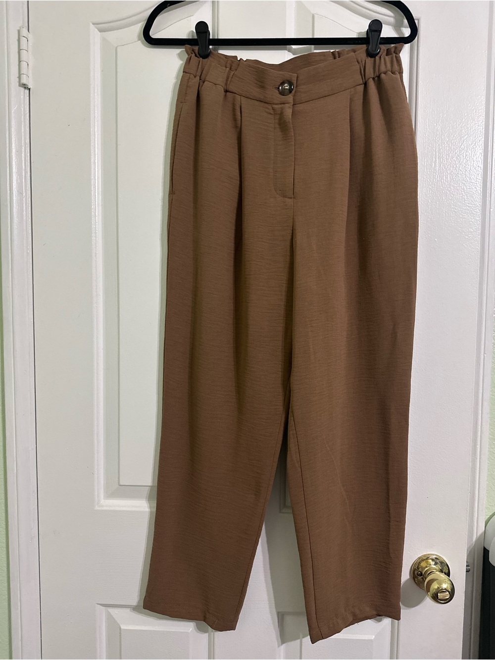 Brown dress pants with elastic on waistband